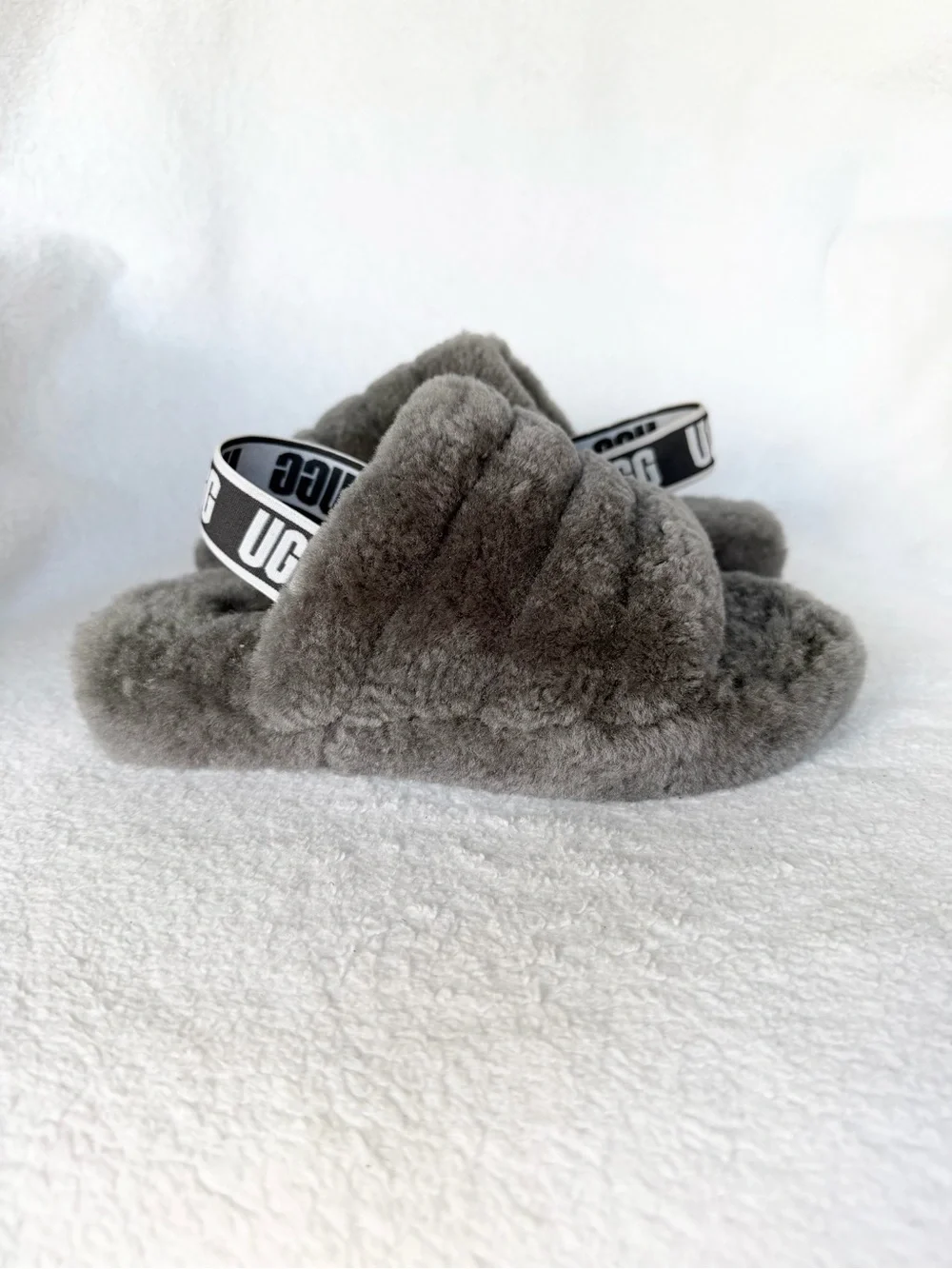 UGG Girl’s Big kids Fluff Yeah Slide - Gray Plush Slingback size 1 like New